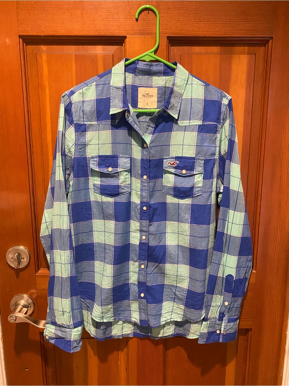 Hollister Blue & Light Green Plaid Button-Down Shirt